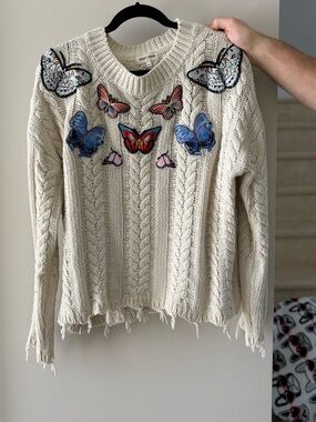 SUNSET + SPRING Cream Cable Knit Sweater with Butterfly Embellishments
